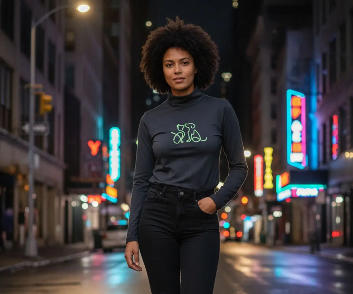 Modelo femenina usando la blusa con estampado de perros 'Dog Lover' de BeDonato