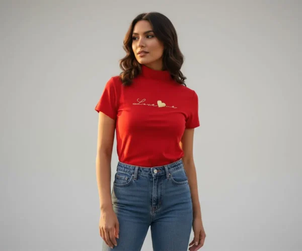 Modelo femenina usando la blusa con mensaje de amor propio 'Love Me' de BeDonato