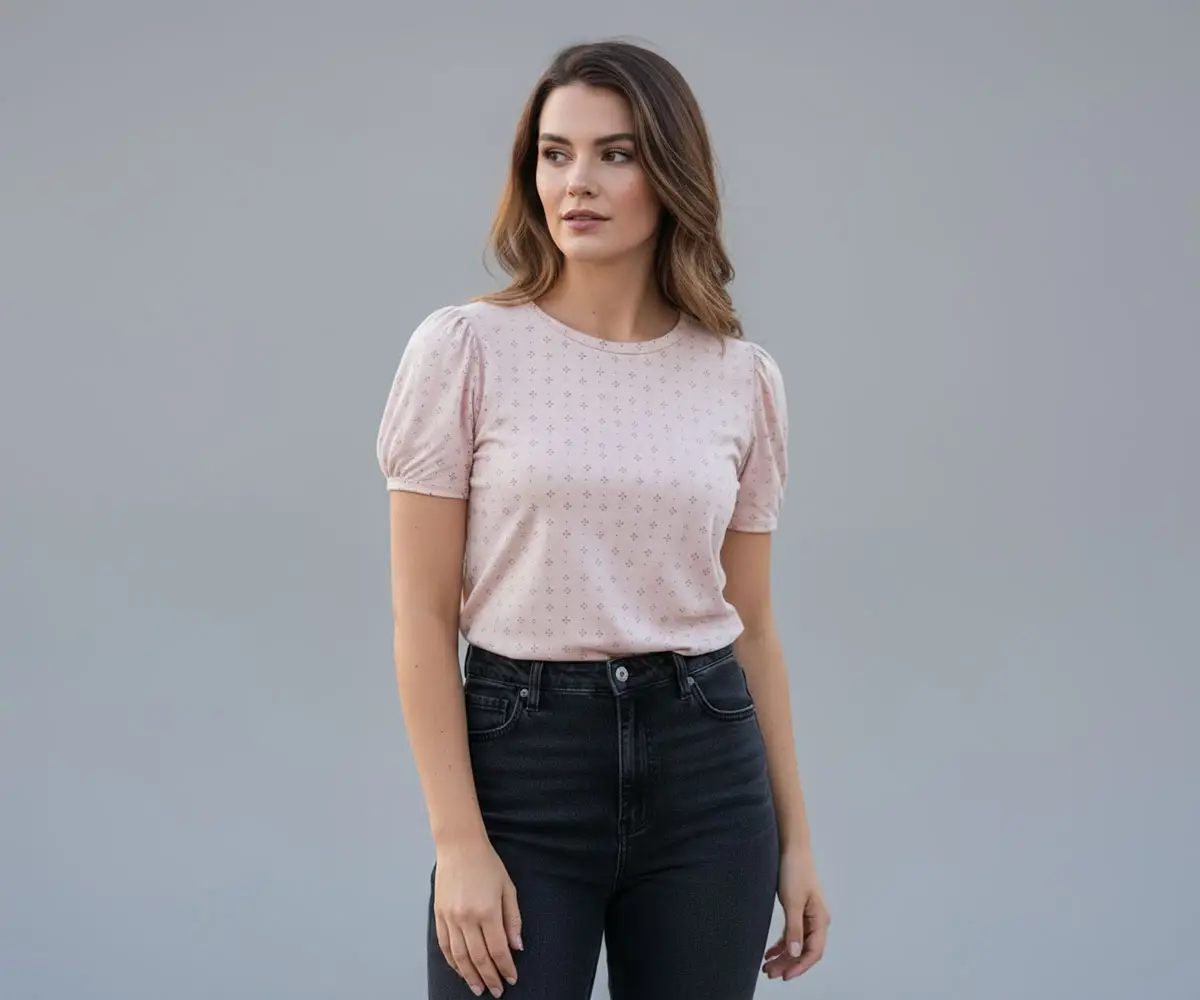 Modelo femenina usando la blusa con estampado de picas de Rayón de BeDonato