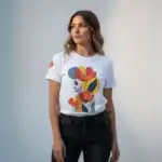Modelo femenina usando la camiseta con estampado floral abstracto de BeDonato