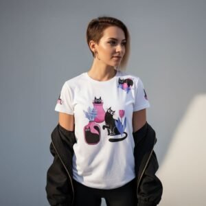 Modelo femenina usando la camiseta con estampado de gatos y flores de BeDonato
