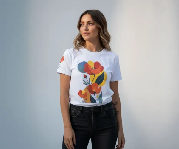 Modelo femenina usando la camiseta con estampado floral abstracto de BeDonato