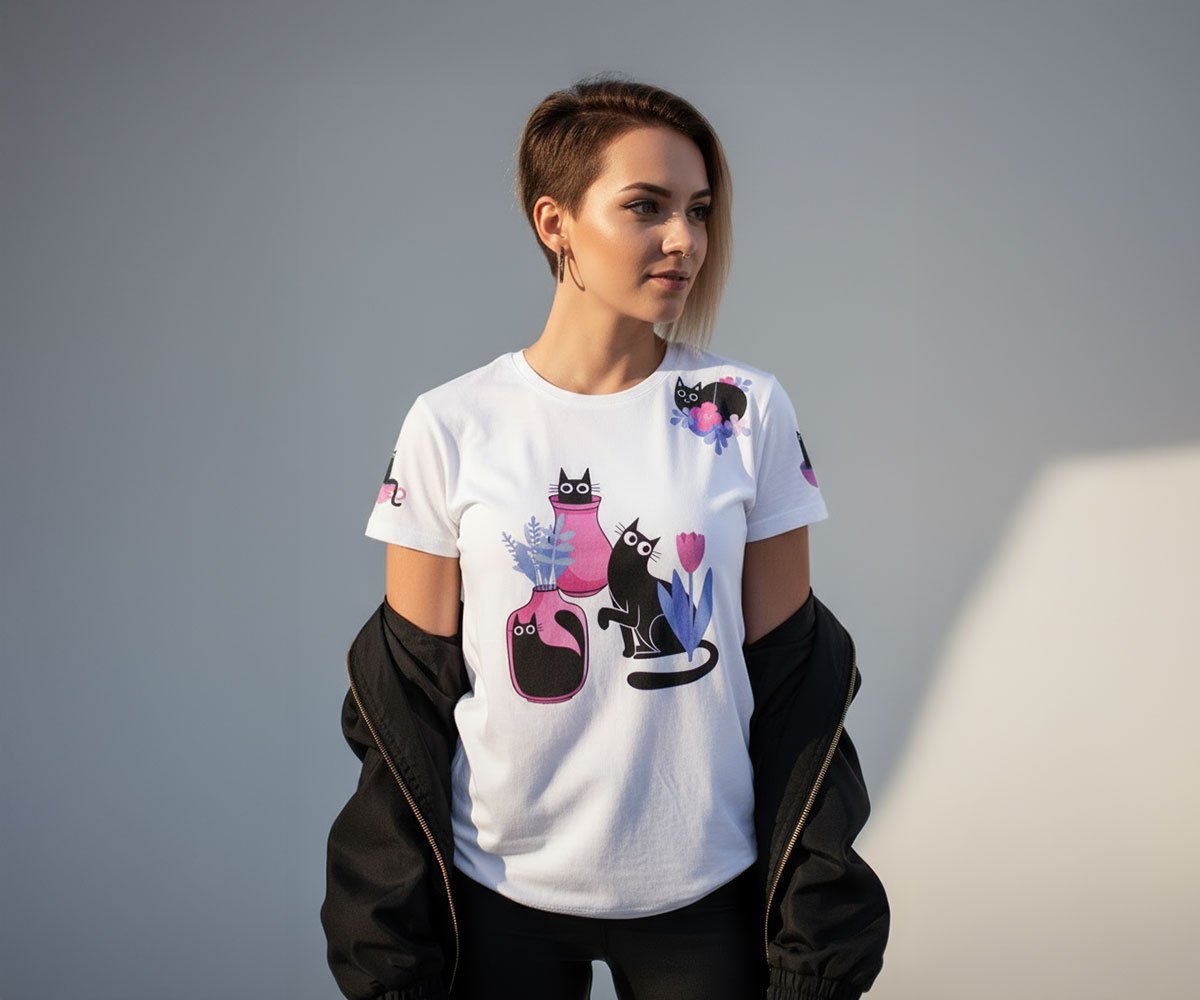 Modelo femenina usando la camiseta con estampado de gatos y flores de BeDonato