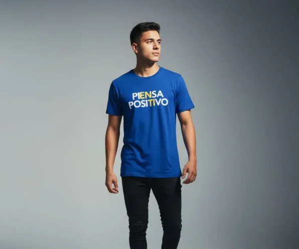 Modelo masculino usando la camiseta con mensaje positivo 'Piensa Positivo' de BeDonato