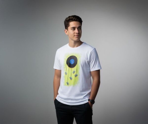Modelo masculino usando la camiseta con disco de vinilo de BeDonato