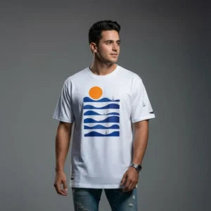 Modelo masculino usando la camiseta con diseño de olas 'Waves' de BeDonato