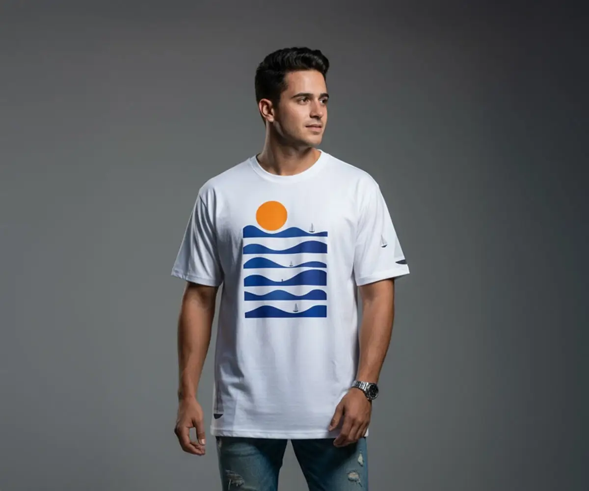 Modelo masculino usando la camiseta con diseño de olas 'Waves' de BeDonato