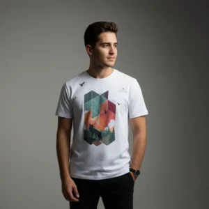 Modelo masculino usando la camiseta con diseño artístico 'Foxyland' de BeDonato