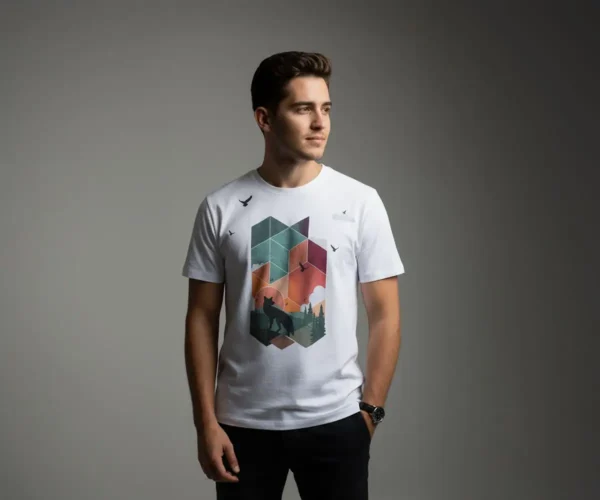 Modelo masculino usando la camiseta con diseño artístico 'Foxyland' de BeDonato