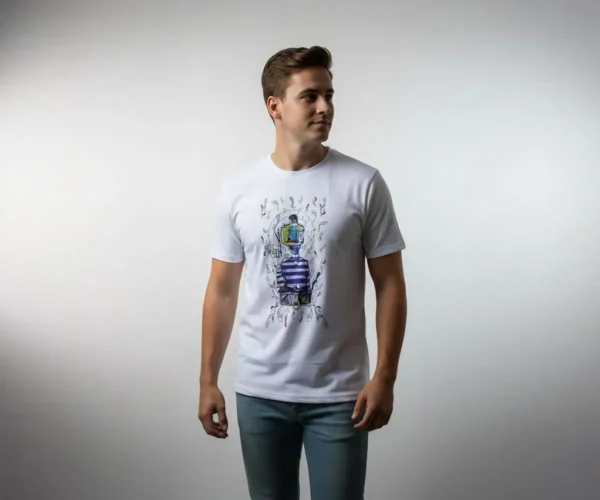 Primer plano del diseño de una cámara vintage en camiseta de Piel de Durazno